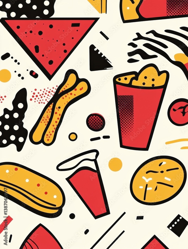 Poster memphis style pop-art background featuring colorful abstract food shapes and geometric designs