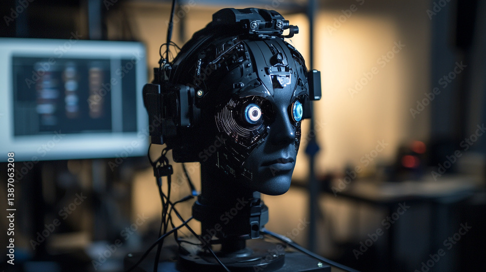 Poster a robotic head with glowing eyes and visible wiring on a stand in a laboratory setting close up view
