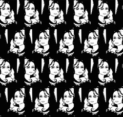 Repeating black and white abstract female portraits. Endless pattern for fabric, hairdressing cape.