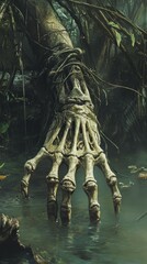Fototapeta premium Eerie skeletal hand emerging from murky swamp water, evoking dark mystery