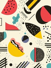 Fototapeta premium Memphis style pop-art design featuring abstract food shapes in vibrant colors and bold geometric elements