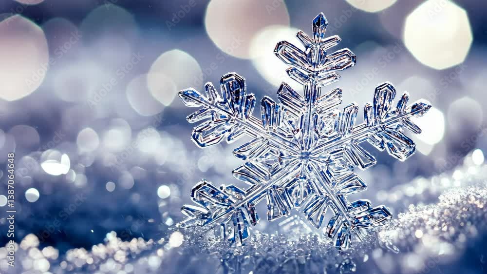 Aufkleber frozen snowflake resting on snowy surface in front of blurred lights creating a magical winter atmos