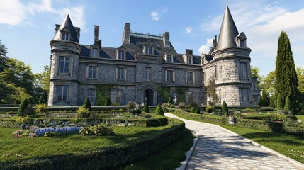 Obraz premium Stone Chateau Garden Path Sunny Day Estate