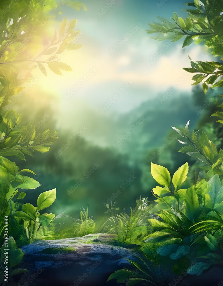 Poster a serene forest landscape framed by lush greenery, illuminated by soft sunlight, creating a tranquil