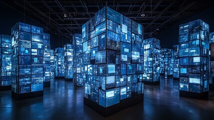 Realistic Big Data Streams Flowing Between Glowing Computer Monitors in a Dark High-Tech Control Room