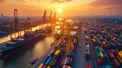 Fototapeta premium Golden Hour at the Container Port: A Breathtaking Aerial View of Global Trade