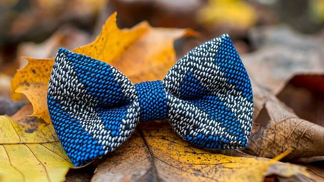 Elegant blue and white textured bow tie resting on colorful fallen autumn leaves on the ground outdoors.