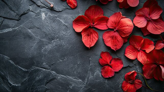Delicate red flowers rest on a dark gray stone background, presenting a theme of timeless love and sophistication.