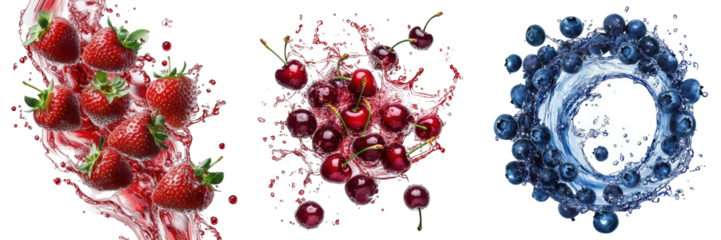 Fresh strawberries, cherries, and blueberries in water splashes.