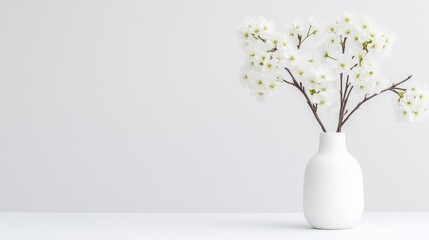 Naklejka premium A white ceramic vase with delicate white flowers on a minimalist white surface, and soft lighting creating a serene and elegant composition.