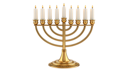 Golden Menorah with Nine Branches and White Candles – Traditional Hanukkah Symbol and Religious Artifact

