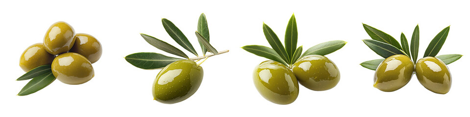 Glossy green olives and vibrant olive leaves.