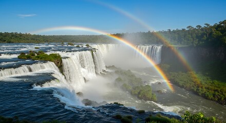 Spectacular Waterfalls with Rainbow Display Under Clear Blue Sky Nature Scene