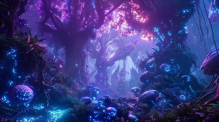 An alien jungle with towering, iridescent trees and strange, bioluminescent creatures.
