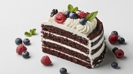 A rich chocolate cake with berries and whipped cream. Featuring sweetness and indulgence