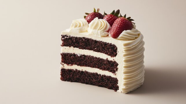 A rich chocolate cake with layers of frosting and strawberries on top. Featuring indulgence and sweetness