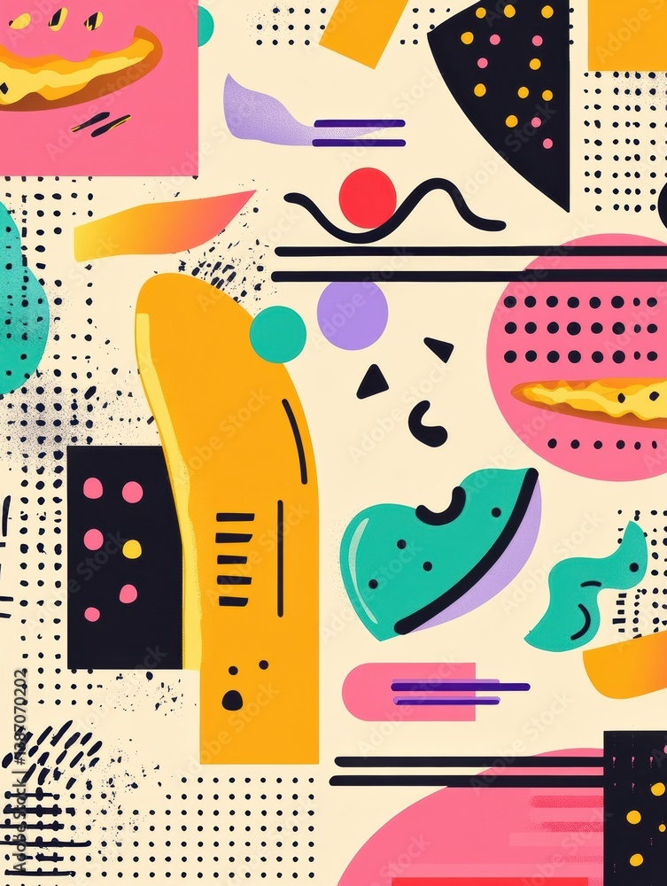 Leinwandbilder memphis style pop-art design featuring abstract food shapes and vibrant geometric patterns in a live