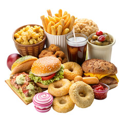 All Fast Food collection set isolated on a white background Fried chicken fries pizza etc
