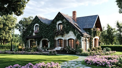 Fototapeta premium Ivy-covered cottage, garden, sunset, landscape, real estate