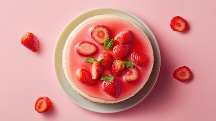 A rich vanilla cake with frosting and fresh strawberries. Featuring sweetness and celebration