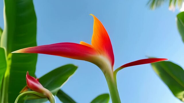 Vibrant red and orange Heliconia flower against a clear blue sky, concept for tropical botanical illustration, summer floral design, and nature photography