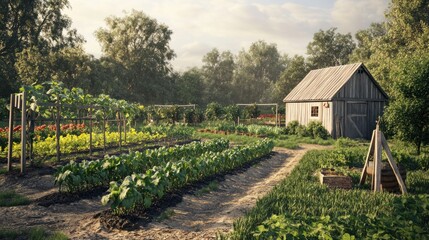 Rural garden shed, vegetable patch, summer sunlight, idyllic countryside, farming