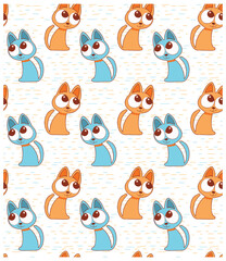 Pattern featuring playful, cartoon-style cats in blue and orange, with oversized eyes on a light, textured background, it could be used as a wallpaper, fabric design, pillow cover scarf and school bag