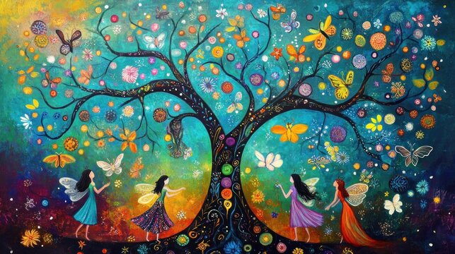 Fairies dance around mystical tree, colorful butterflies, chakra, art print