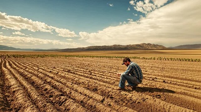 Solitary contemplation in the cultivated field: A lone figure, head bowed in introspection, surveys a barren field, under a vast sky.