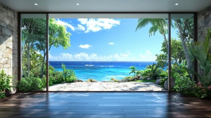 Bright Tropical Beach View Through Modern Glass Doors