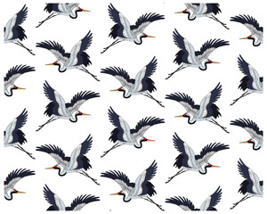 Pattern of stylized cranes in flight, featuring detailed wings and vibrant beaks against a white background., it could be used as a wallpaper, fabric design, pillow cover and bag