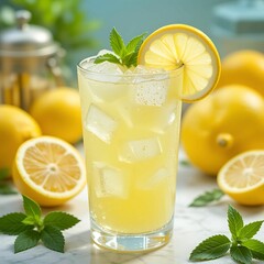 A refreshing glass of iced lemonade garnished with mint and a slice of lemon, perfect for a sunny day.