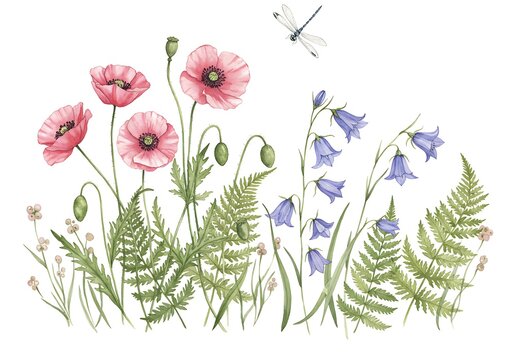 Delicate pink poppies and vibrant bluebells dance in a gentle summer breeze, a dragonfly flitting nearby, rendered in soft watercolor hues.