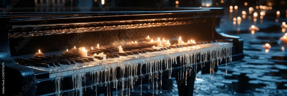 Poster many candles burning on a structure reflecting in water creating