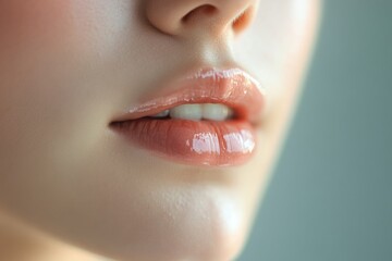 Close-up of perfectly moisturized lips with a glossy finish and natural pink hues in ultra HD smooth skin texture