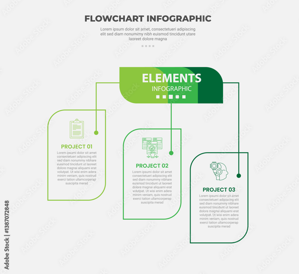 Aufkleber flowchart infographic outline style with 3 point template with box container like leaf shape for sli