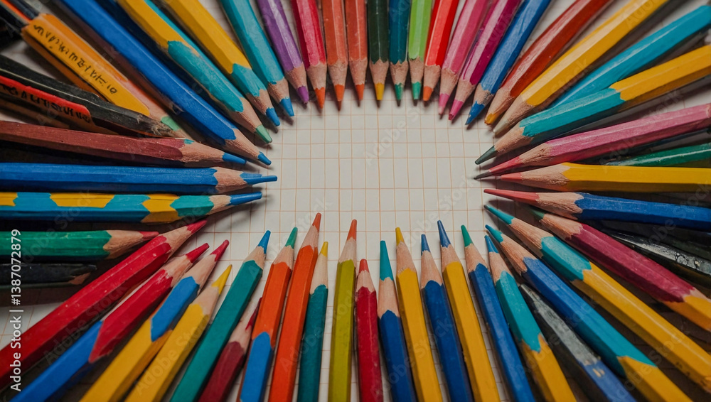 Poster pencils arranged in the shape of a geometric pattern.