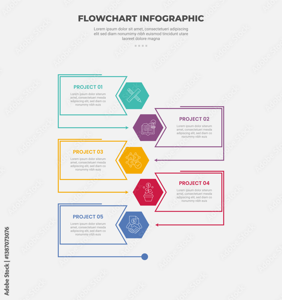 Poster flowchart infographic outline style with 5 point template with hexagon on vertical direction opposit