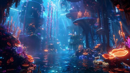An underwater alien city with glowing structures and exotic marine life.