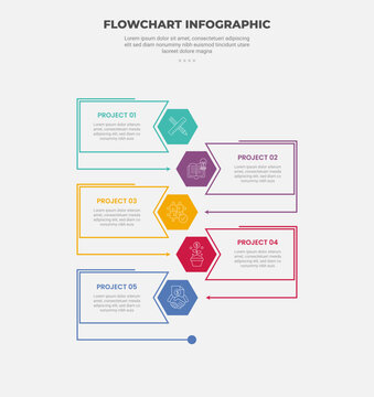flowchart infographic outline style with 5 point template with hexagon on vertical direction opposite position for slide presentation