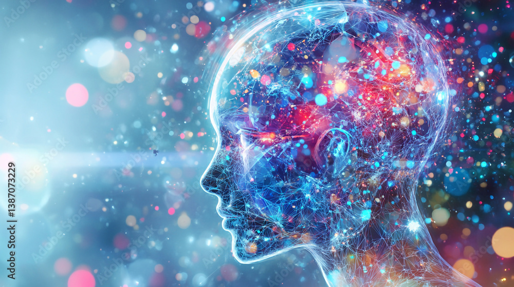 Poster abstract human head profile with colorful particles and bokeh effect on a light blue background