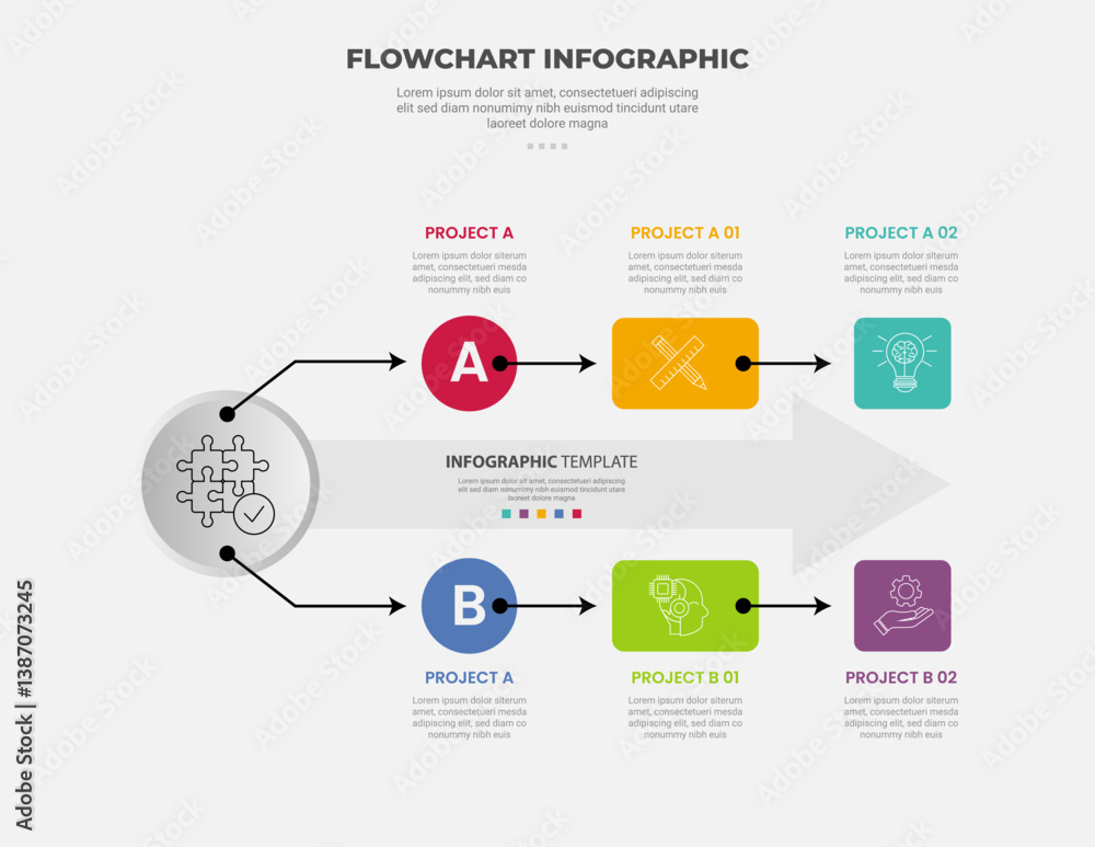 Aufkleber flowchart infographic outline style with 2 main point template with big circle and arrow up and down