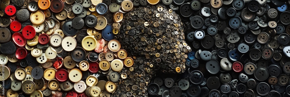 Poster human face profile created from buttons on a colorful background.