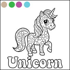 Printable black and white dot-to-color unicorn coloring page for kids.