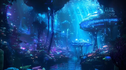 An underwater alien city with glowing structures and exotic marine life.