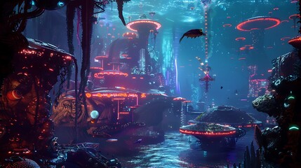 An underwater alien city with glowing structures and exotic marine life.