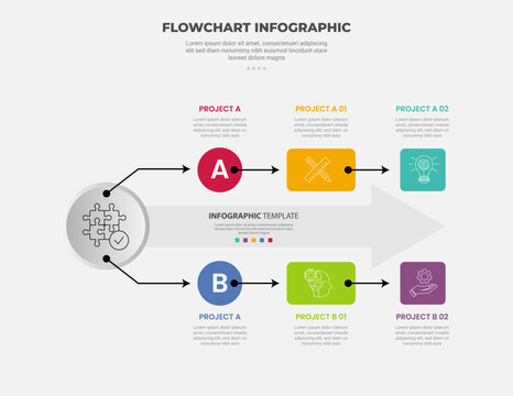 flowchart infographic outline style with 2 main point template with big circle and arrow up and down for slide presentation