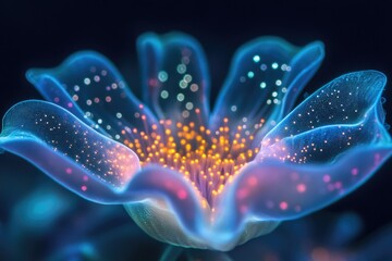 A luminous, ethereal flower blossoms, radiating vibrant, glowing colors and intricate details.