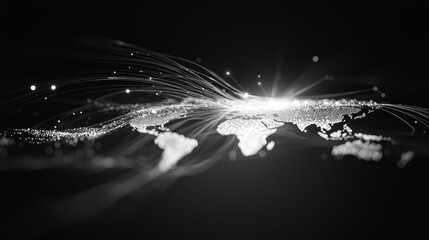 A stylized representation of a world map with glowing lines and dots, symbolizing global connectivity and data flow in a monochromatic design.