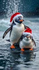 Penguin family in matching Santa outfits, with soft water splashes.